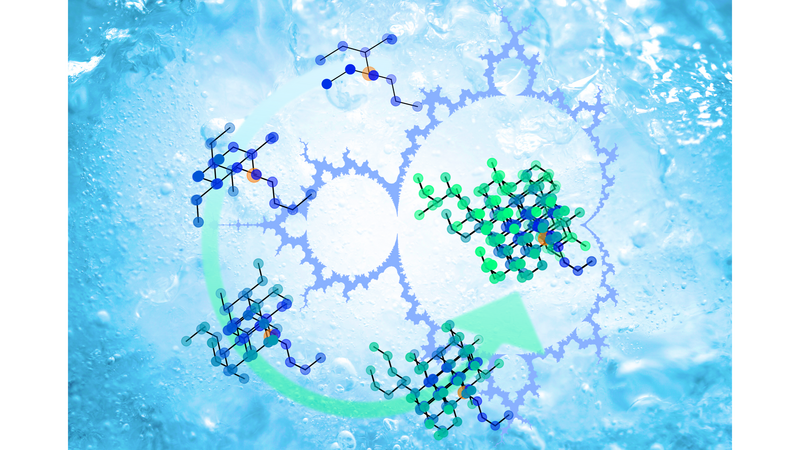 An example of the fractal structures in spin ice is shown, with its structure at five different lenght-scales placed along an arrow. It is displayed together with a famous example of a fractal (the Mandelbrot set). The background is a close-up photograph of water ice.